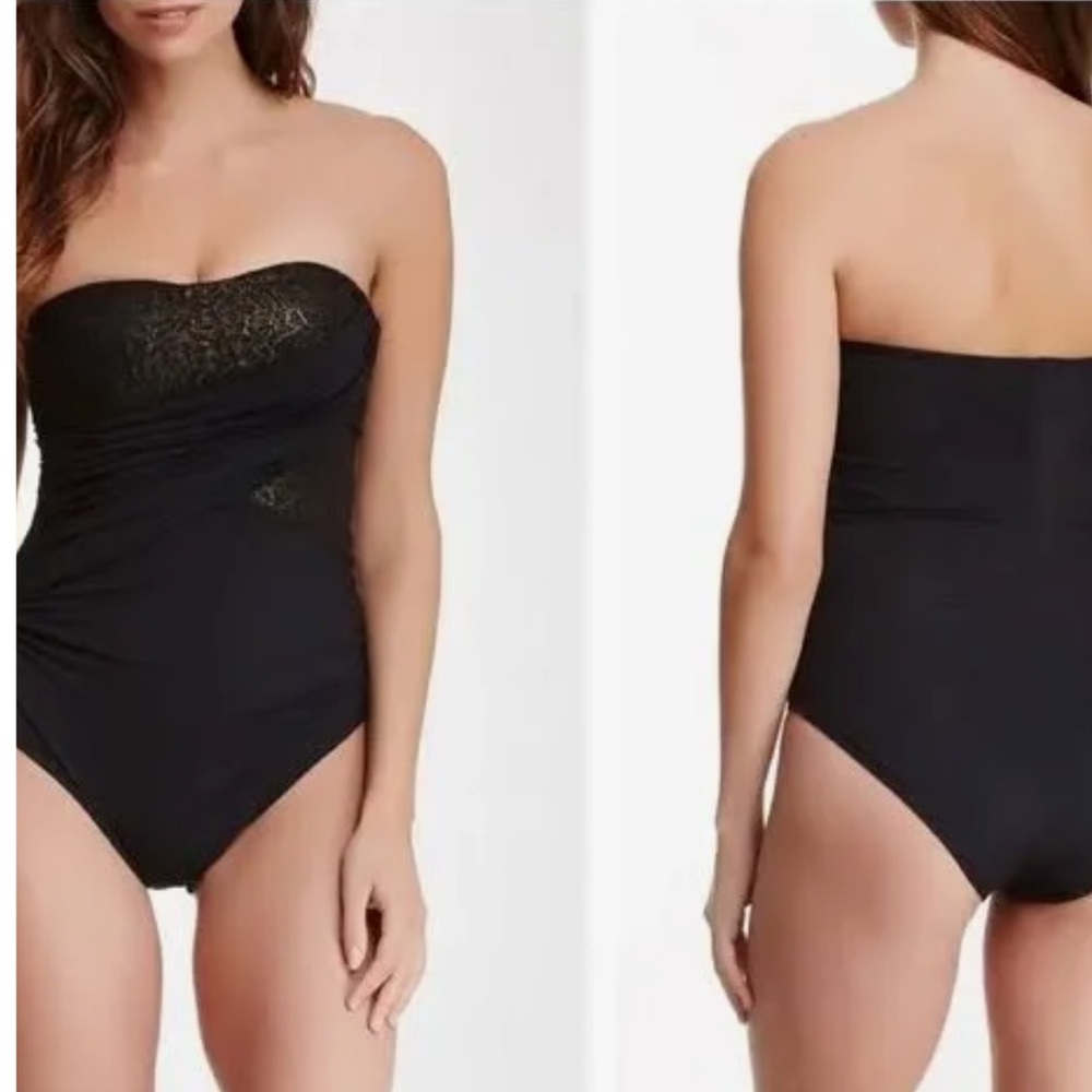 Spanx Swim Golden Hour Black&Gold Peekaboo Lace Bandeau One Piece Swim Suit🆕 - Picture 2 of 13